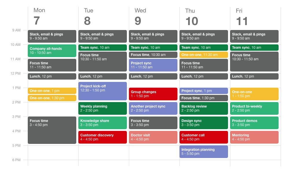 Mockup of various calendar events with color