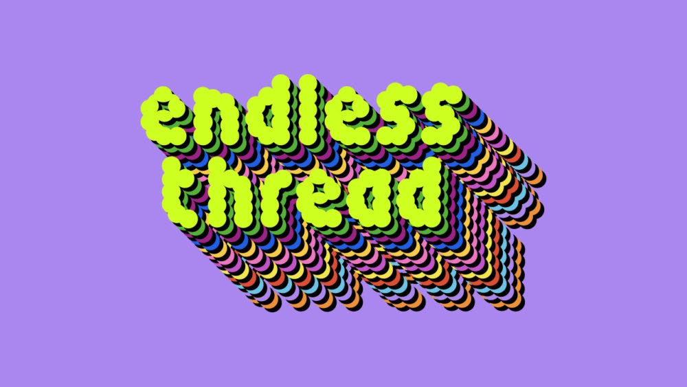 logo van endless thread, paars logo met kleurrijk de titel in letters