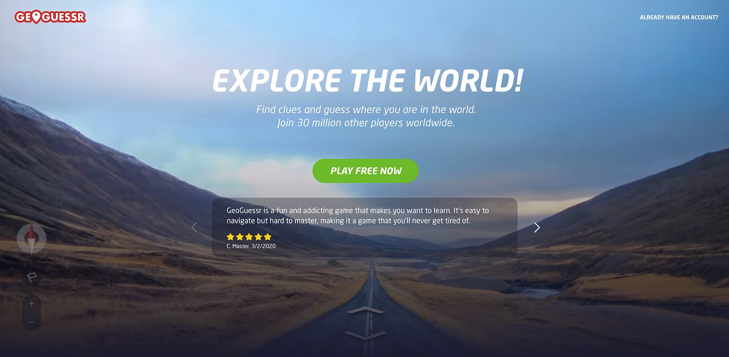 A screenshot of GeoGuessr’s homepage, with a lonely valley highway background and text that says “EXPLORE THE WORLD!”