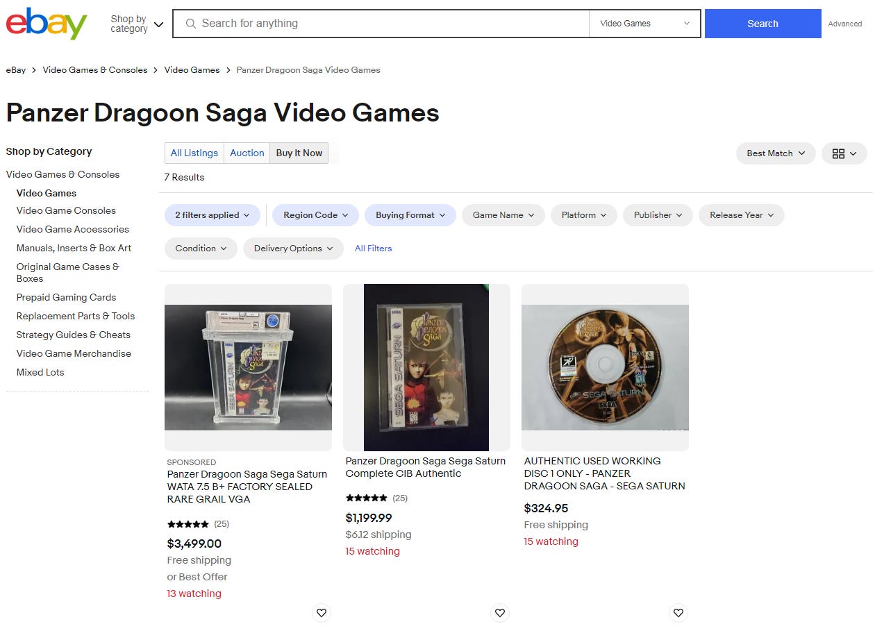 A screenshot of the North American region version of Panzer Dragoon Saga, with one factory sealed for $3,499, one complete in box for $1,199, and one that is just disc 1 for $325