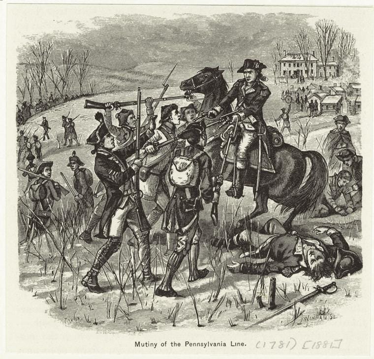 Black and white sketch of the mutiny. A man sits atop a horse as foot soldiers threaten him with bayonets. One man lies, hurt, on the ground. 