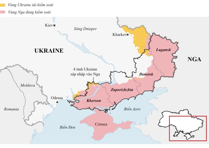 Cycj diện chiến sự Ukraine và vị trí tỉnh Kherson. Đồ họa: Guardian.