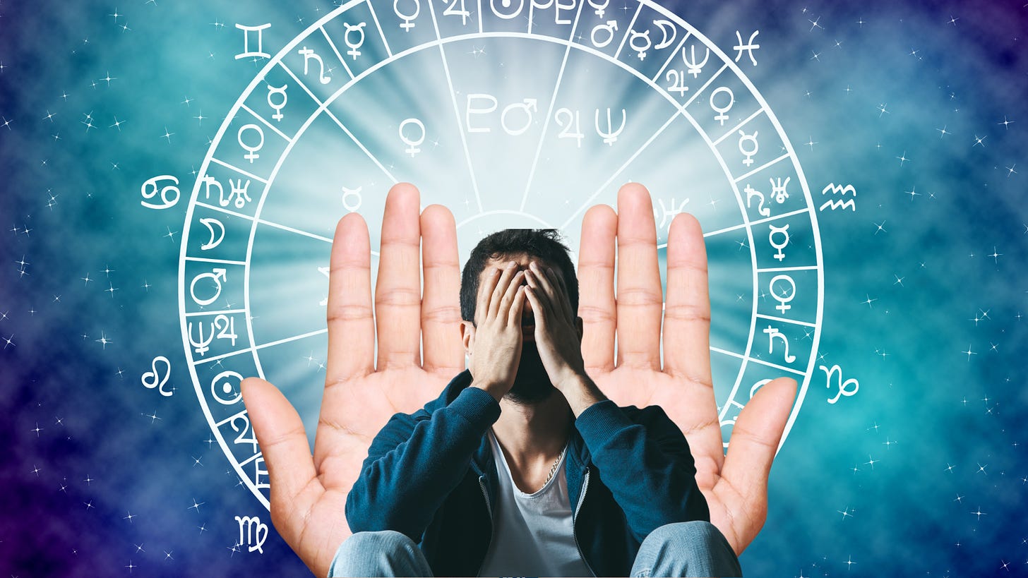 The image depicts a sad man with hands on his face. A pair of hands are in background which also have a horoscope. The image is part of article titled There is no BAD Horoscope. We are all Blessed - published at www.rationalastro.org by Anish Prasad