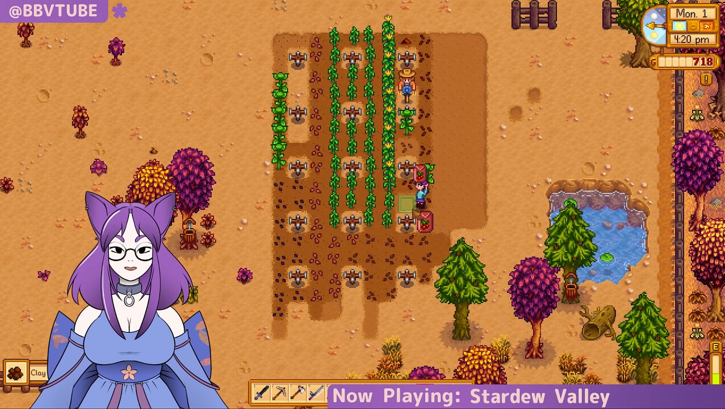 A screenshot of the farming game Stardew Valley with a purple-haired animated character on top.
