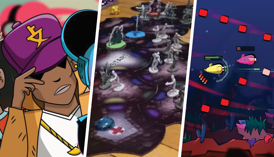 Three images from PLAY/TEST games (left-to-right): Rhythm Rumble, Zombie Crypt, Fingeance