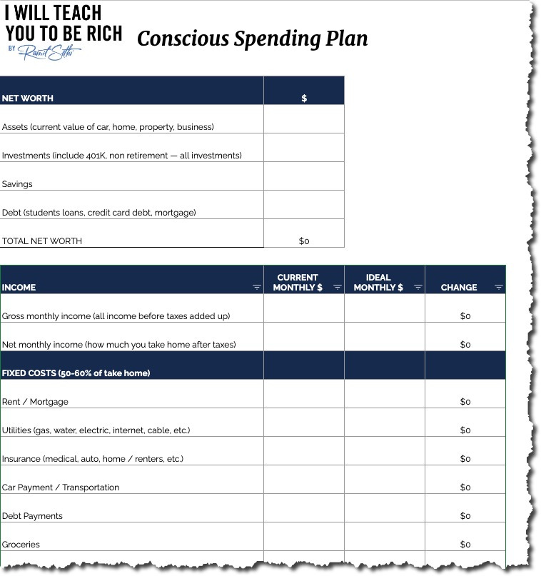 Conscious Spending Plan - FREE Template - I Will Teach You To Be Rich