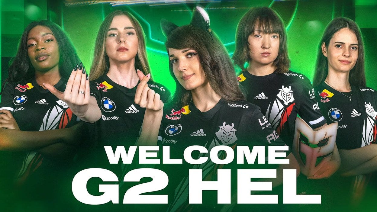 Five women esports players pictured above their names and the words "Welcome to Hel."