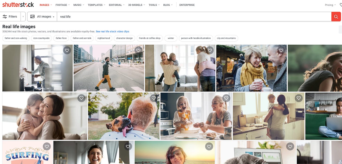 Screenshot of Shutterstock webpage with search term 'real life'