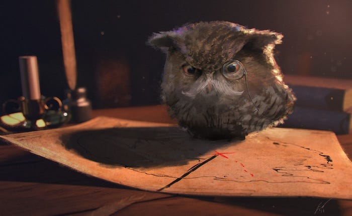 small mustachioed owl reads a treasure map
