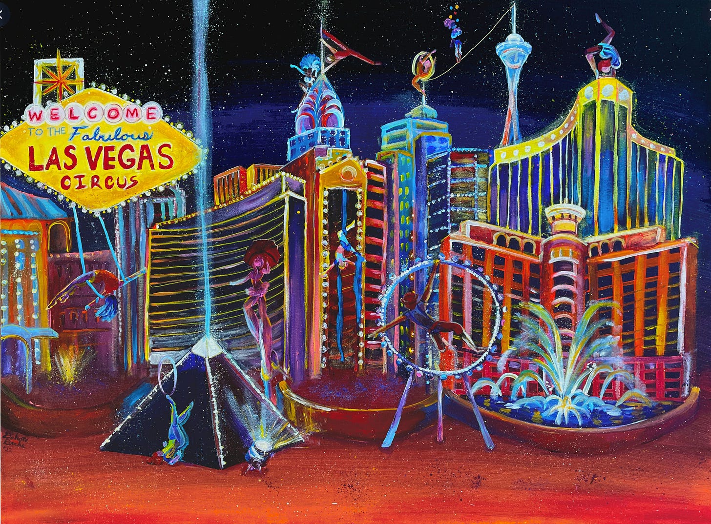 Colorful painting of Las Vegas landmarks with circus people performing over all of the buildings.