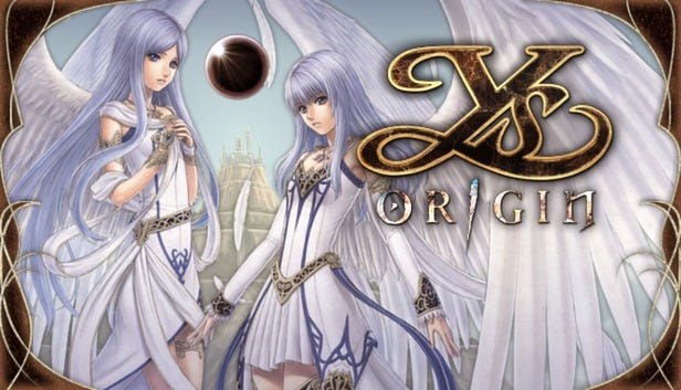 Promotional art for Ys Origin, featuring the twin goddesses, Feena and Reah, still with their wings, and the Black Pearl at their center.