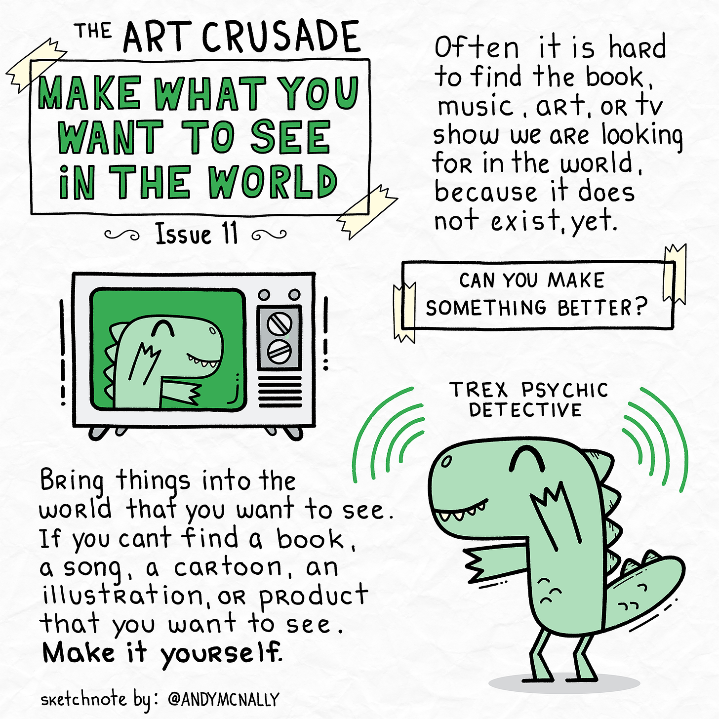 hand drawn dinosaurs and text encouraging you to make art yourself.