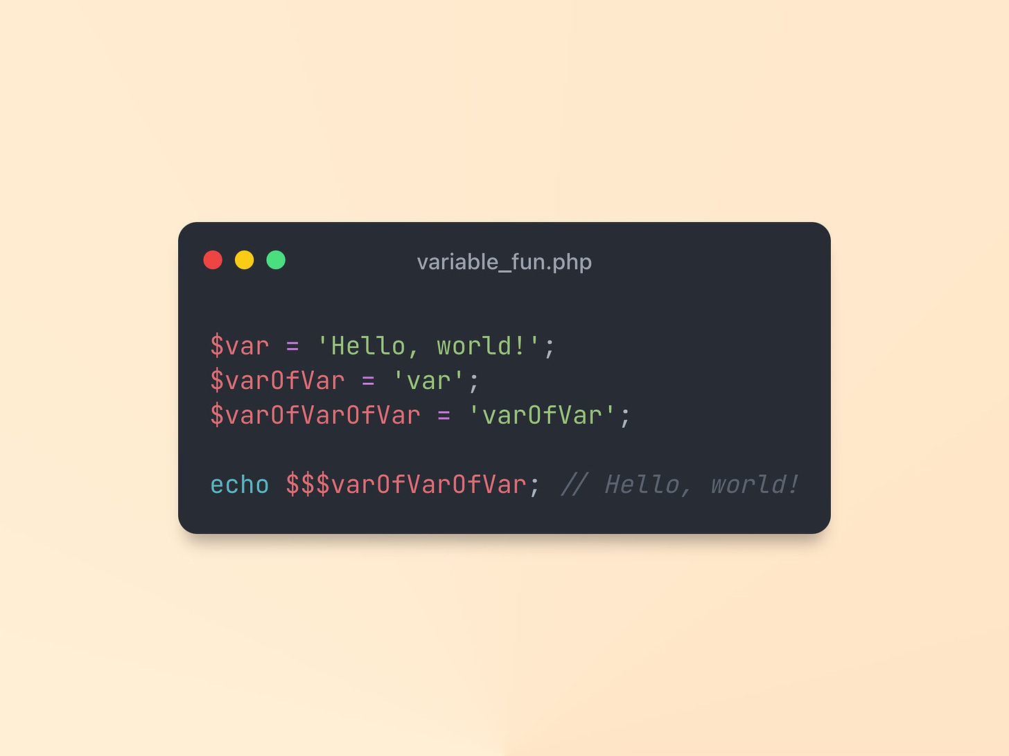 An example of PHP code that reads:

<?php

$var = 'Hello, world!';
$varOfVar = 'var';
$varOfVarOfVar = 'varOfVar';

echo $$$varOfVarOfVar; // Hello, world!