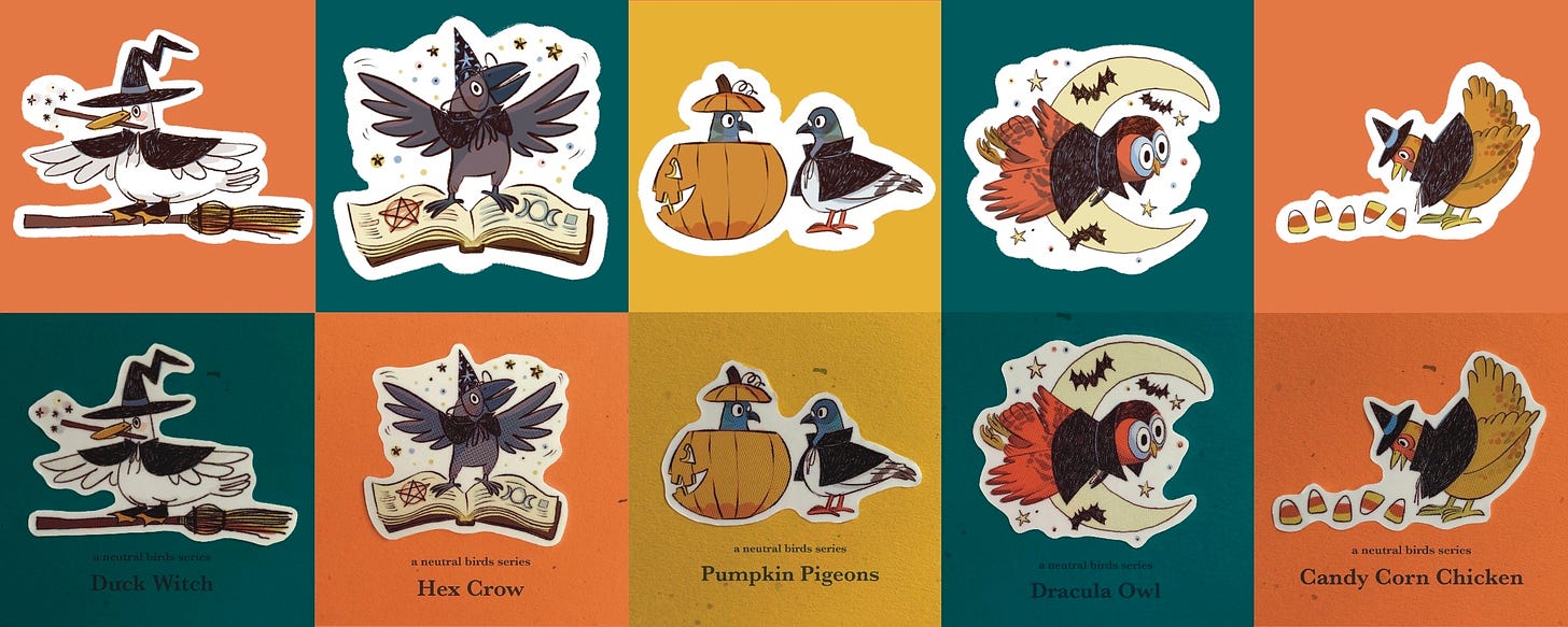 illustration process, digital illustration vs final printed stickers, birds, halloween, kayla stark