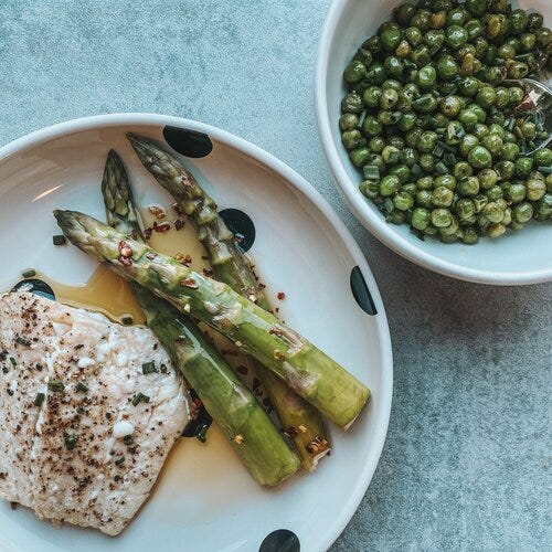 Haddock with Asparagus and Buttered Peas  (pg. 237, NF)