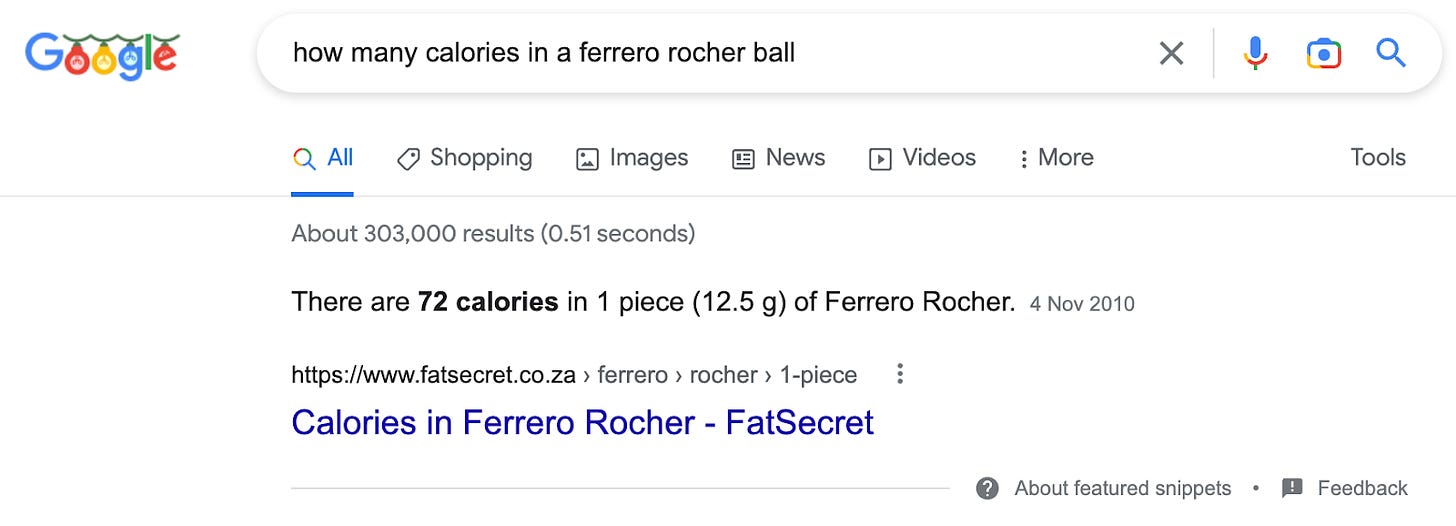 Google search of how many calories in a ferror rocher