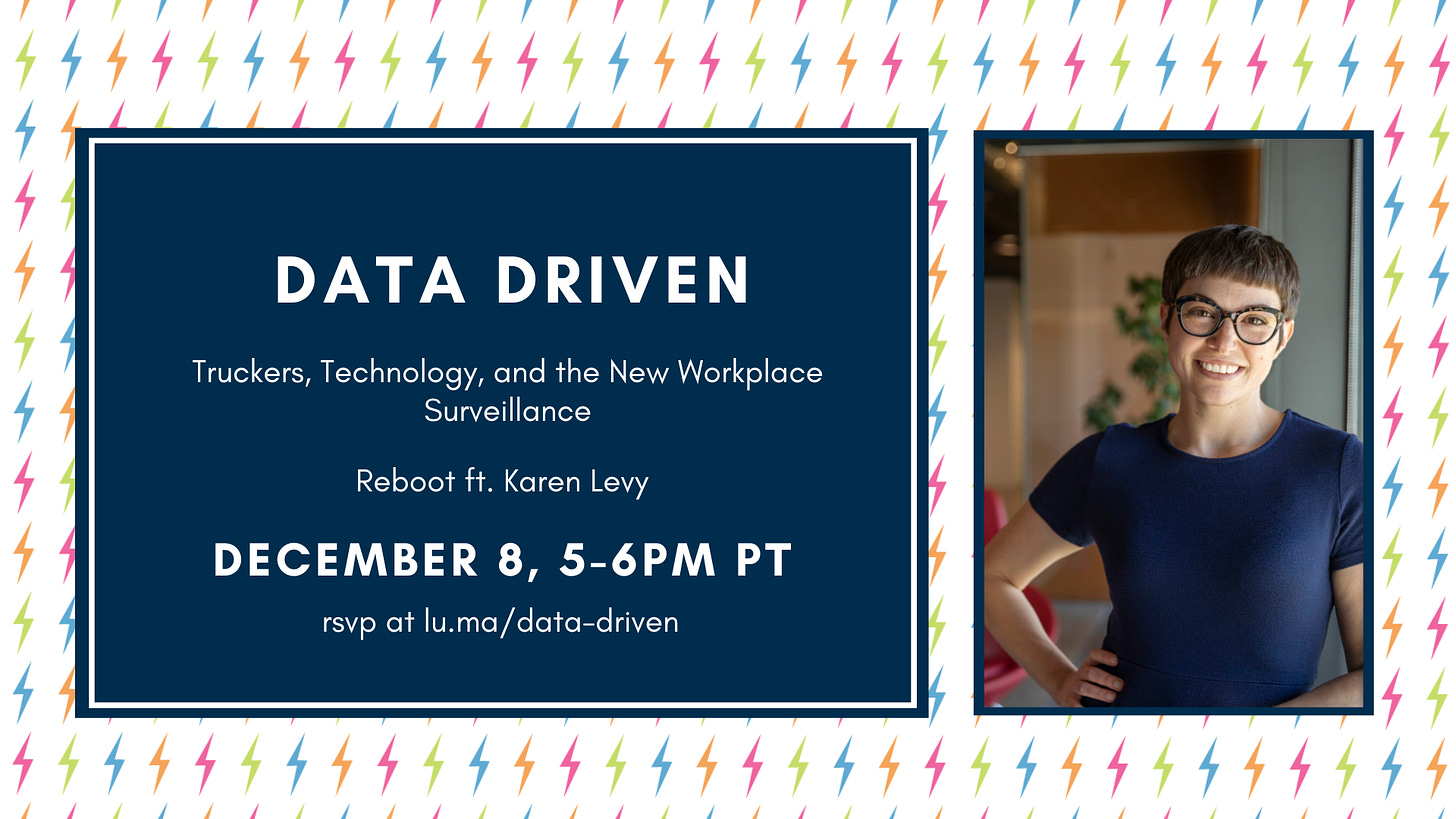 Event flyer for "Data Driven" book talk with Karen Levy on Dec 8 from 5-6pm PT. RSVP at lu.ma/data-driven