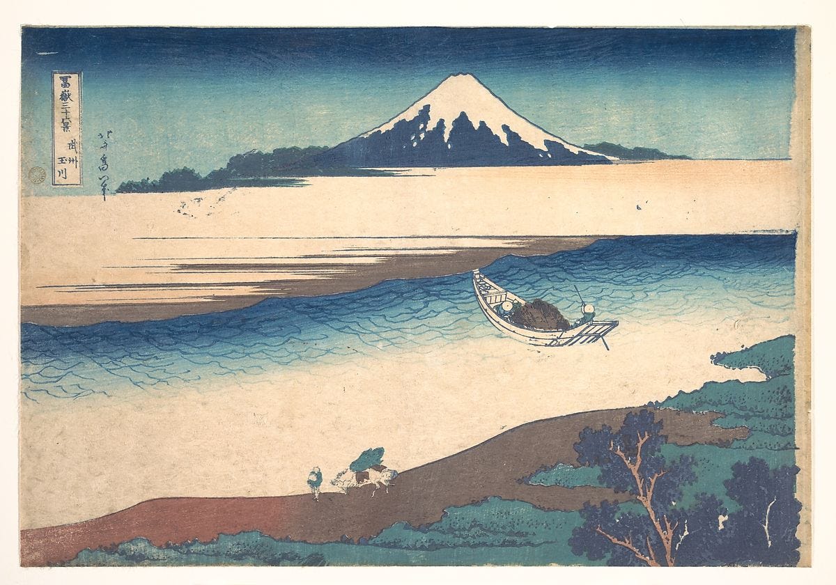 Tama River in Musashi Province (Bushū Tamagawa), from the series Thirty-six Views of Mount Fuji (Fugaku sanjūrokkei), Katsushika Hokusai (Japanese, Tokyo (Edo) 1760–1849 Tokyo (Edo)), Woodblock print; ink and color on paper, Japan 
