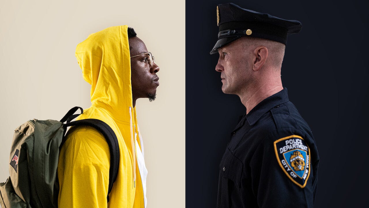 Joey Badass and Andrew Howard as Carter James and Officer Merk in Two Distant Strangers