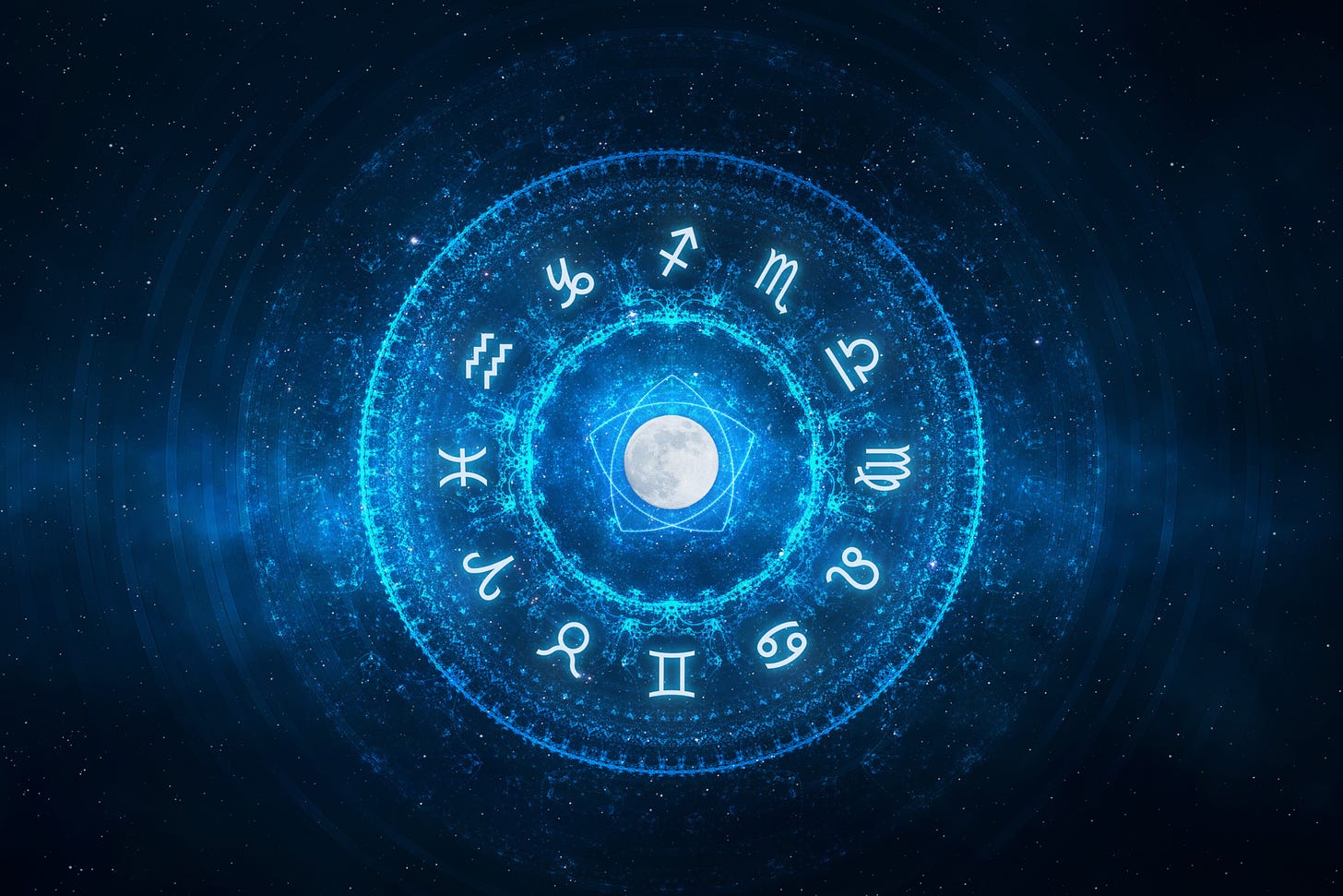 Zodiac signs in blue circle on dark background