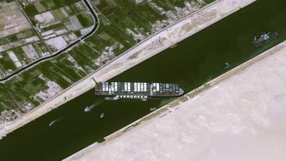 A satellite image shows stranded container ship Ever Given after it ran aground in Suez Canal, Egypt March 25, 2021.