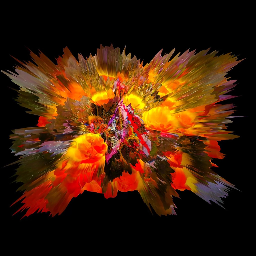 A fractal-like image of bright reds and oranges exploding outward