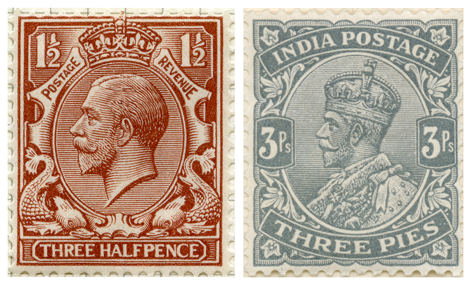 Two stamps depicting King George V by Betram Mackennal, one for Great Britain and the other for British India.