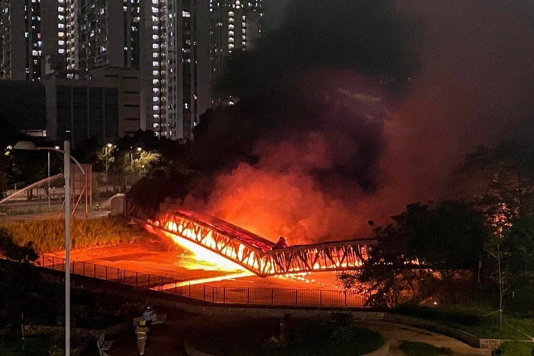 Electric cables in Yuen Long caught fire on Tuesday evening, triggering power outages and a rail service suspension. Photo: Facebook