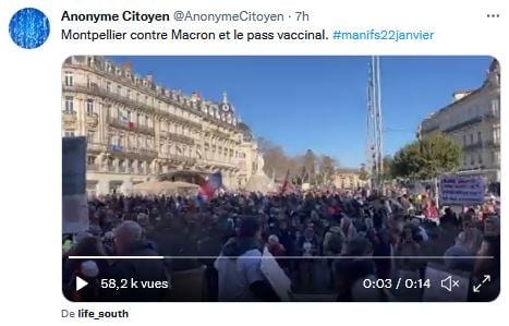 Peut être une image de 1 personne, position debout, plein air et texte qui dit ’Anonyme Citoyen @AnonymeCitoyen 7h Montpellier contre Macron et le pass vaccinal. #manifs22janvier 58,2kvues 58,2k De life_south 0:03/0:14 0:14 0:03’