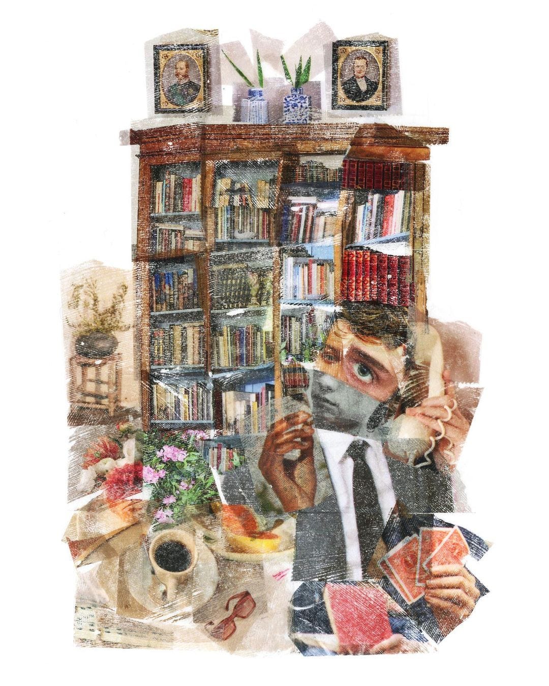 collage of a person in a library playing cards and eating and reading and talking on the phone