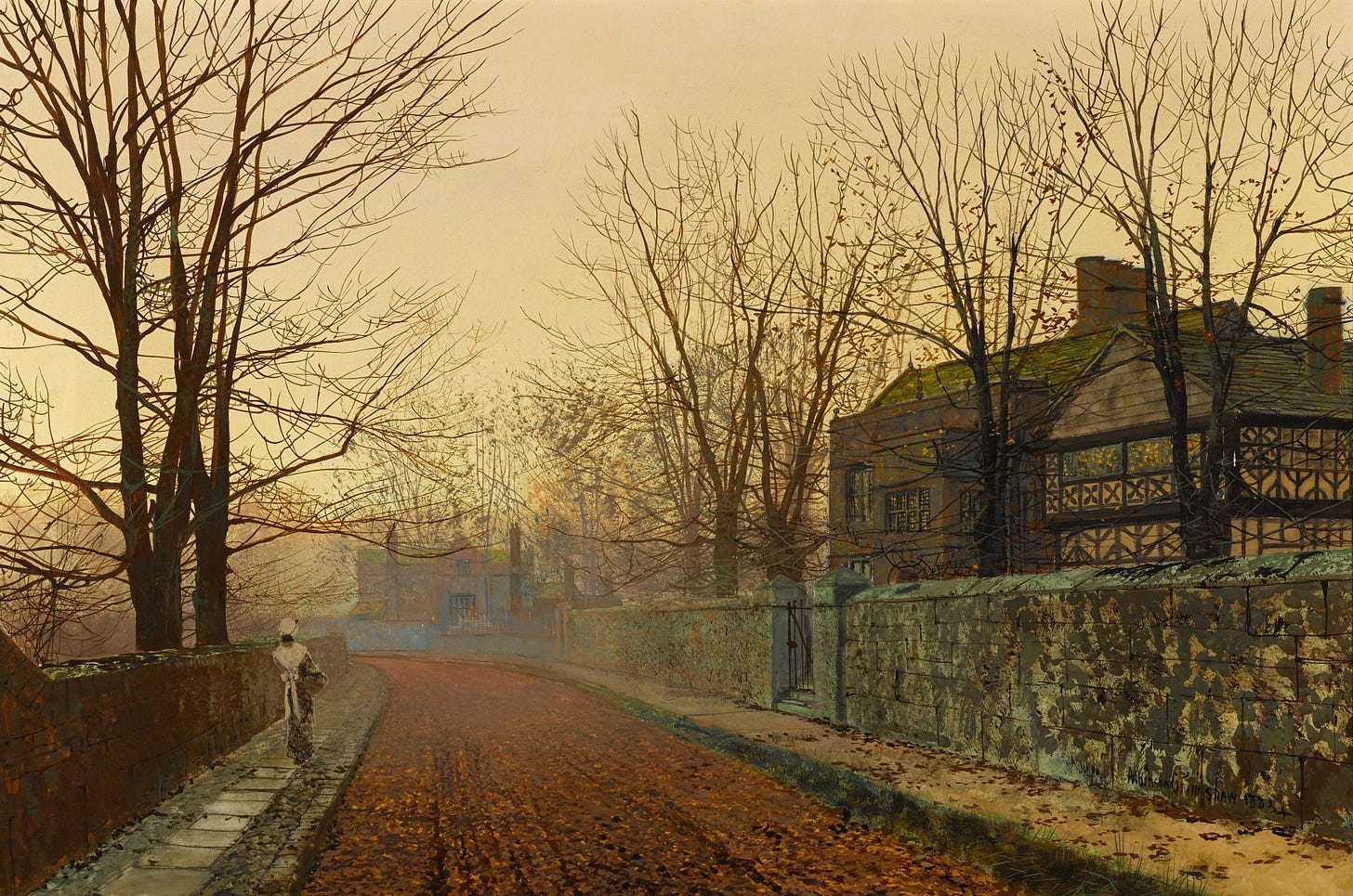 undefinedGrimshaw painted at least one other November Morning in 1883 (Shipley Art Gallery, Gateshead) which has a similar composition with a lone housemaid making her way to work with her basket of provisions. Both revel in the glory of a chill autumnal morning where the first glow of the waking sun has burnished the sky with its radiance. A symphony of russets, gold and pale moss greens the painting is a celebration of the colours of the dying year. Mist lingers in the damp air where the road sweeps round to the left.