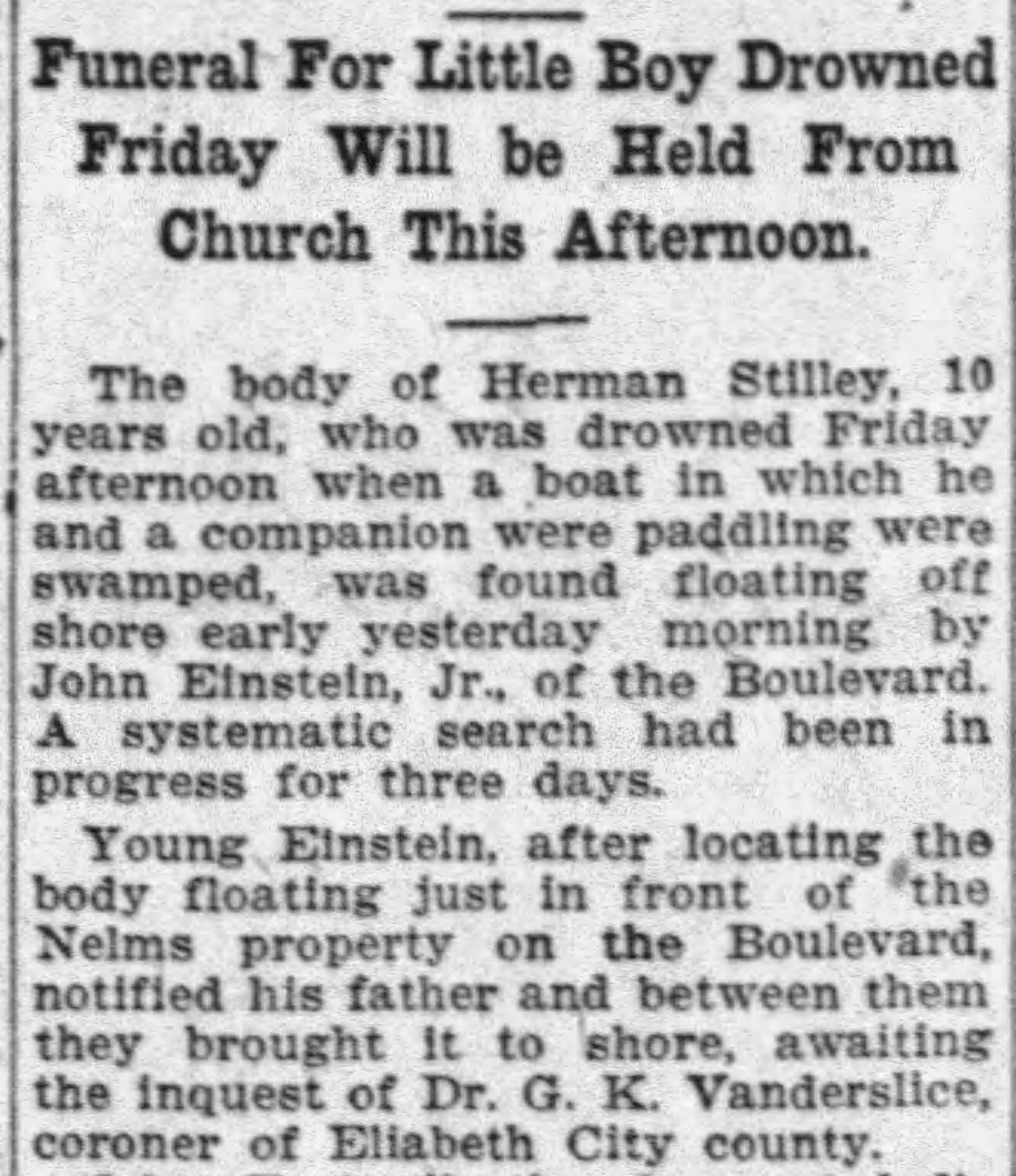 Newspaper clipping about a funeral for a little boy who drowned. 