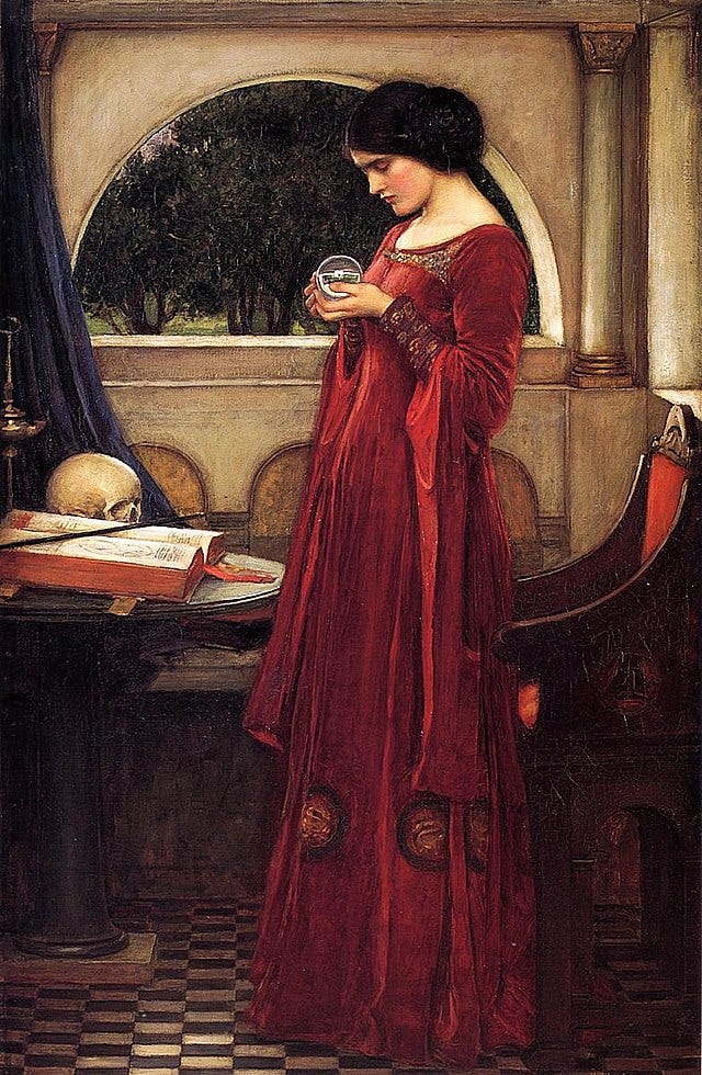 John William Waterhouse's painting, the Crystal Ball, which Wikimedia assures me is in the public domain