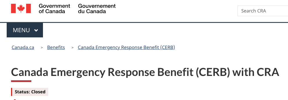 A screenshot of the Revenue Canada page about the Canada Emergency Response Benefit known as CERB. 