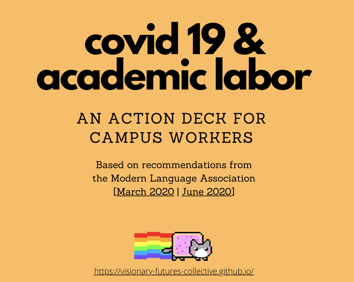 orange square with text reading covid 19 and academic labor: an action deck for campus workers, based on recommendations from the Modern language Association. With a Nyan cat, a cat wearing a covid mask with a pop-tart body and rainbow coming out of its butt.