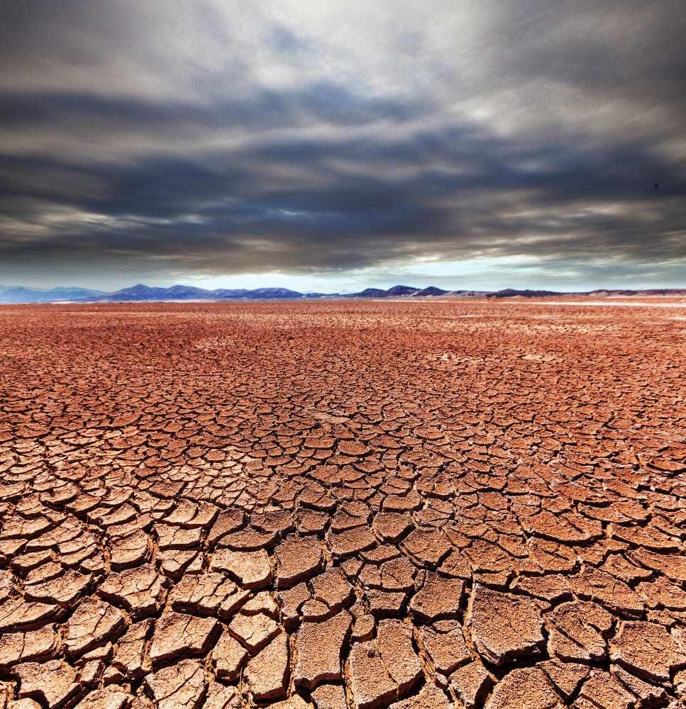 A cracked, dry brown desert with a grey, stormy sky above, both race off into the distance to meet at the far horizon, where faint, dark traces of mountain peaks can be seen,