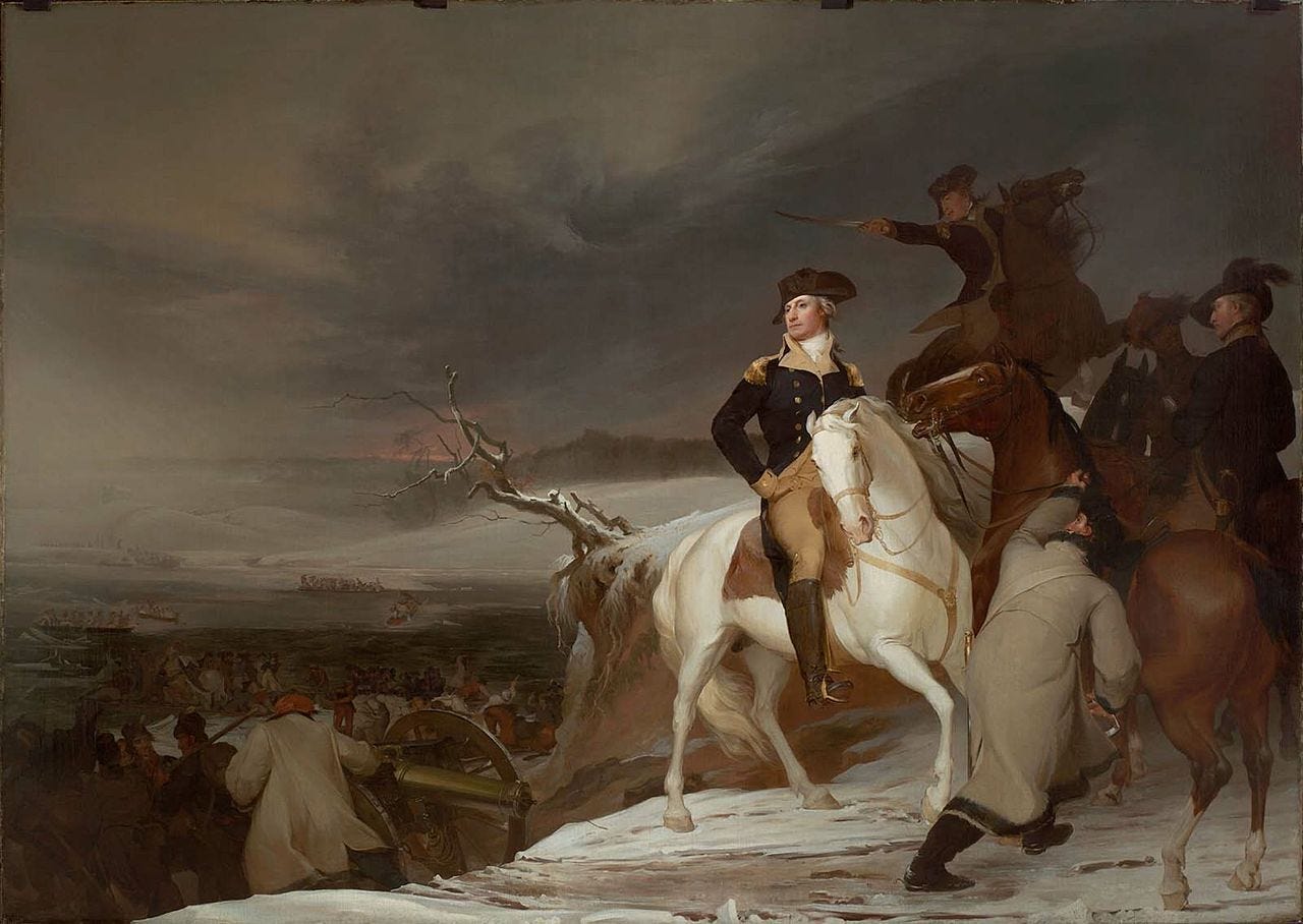 The Passage of Delaware painting showing George Washington on a white horse