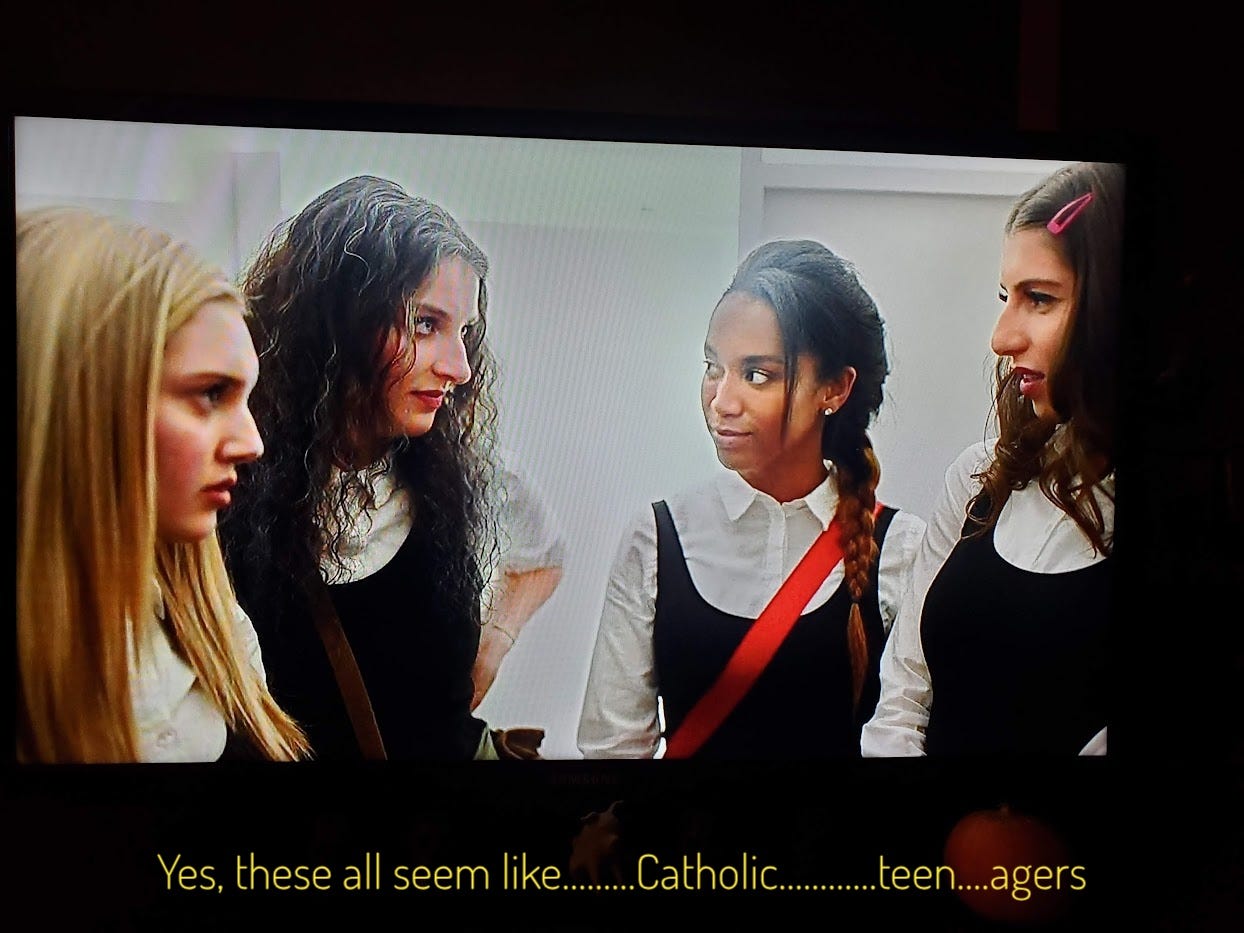 Grace, Tori, Robyn, and Stacey, captioned "yes, these all seem like Catholic teenagers"