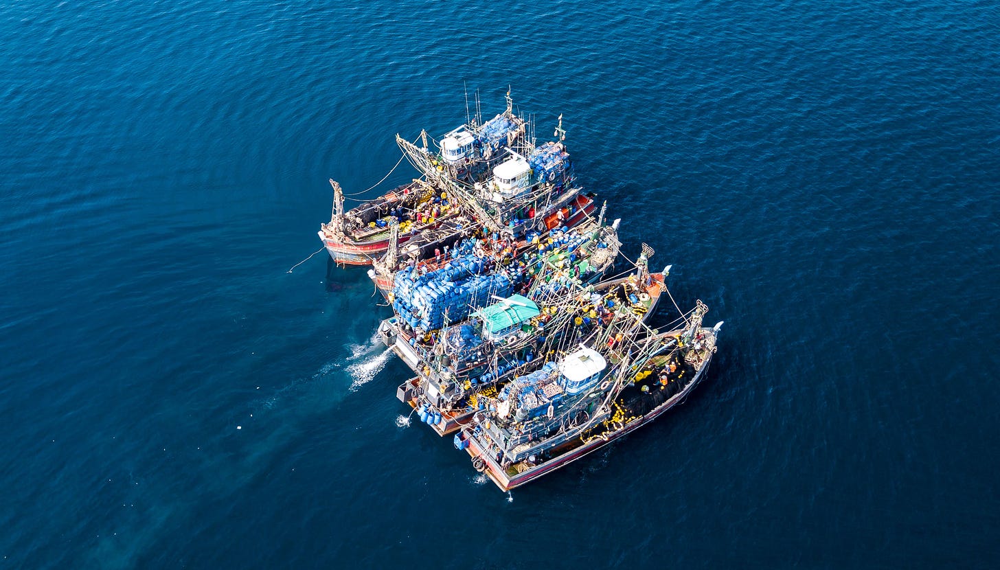 An aerial view of five commercial fishing vessels alongside each other in the open ocean