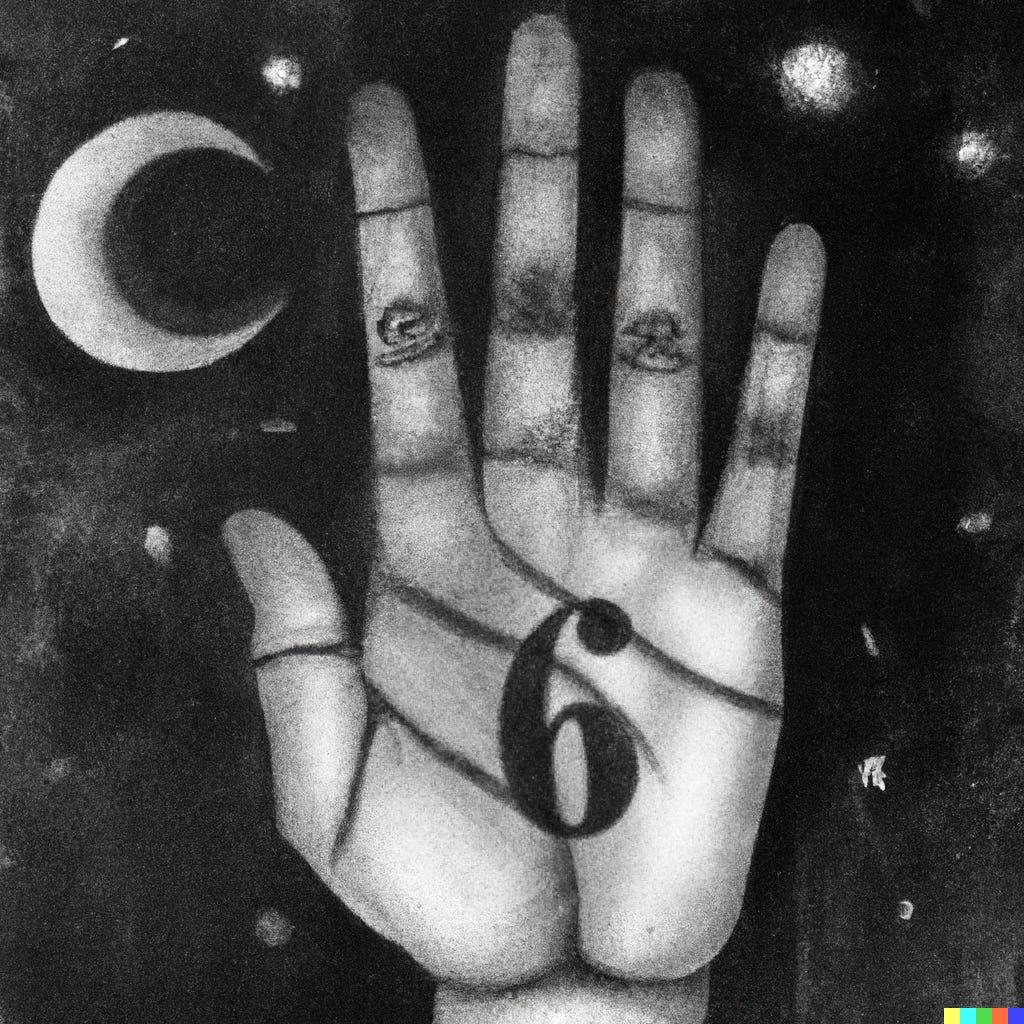 DALL·E 2022-10-17 17.28.55 - detailed charcoal illustration of left hand, large number 6 written on the palm, dark background with stars and planets, raypunk, intuition.png