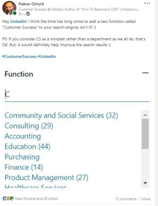 HAkan Ozturk's linkedin post about the customer success search funstion missing