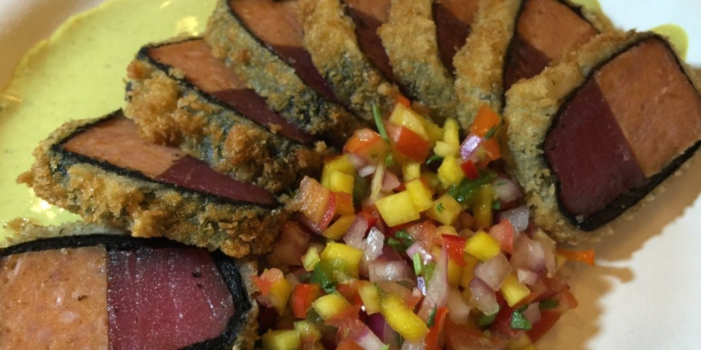 Chai Waikiki's Spam with Ahi Katsu Wasabi Curry and Mango Salsa