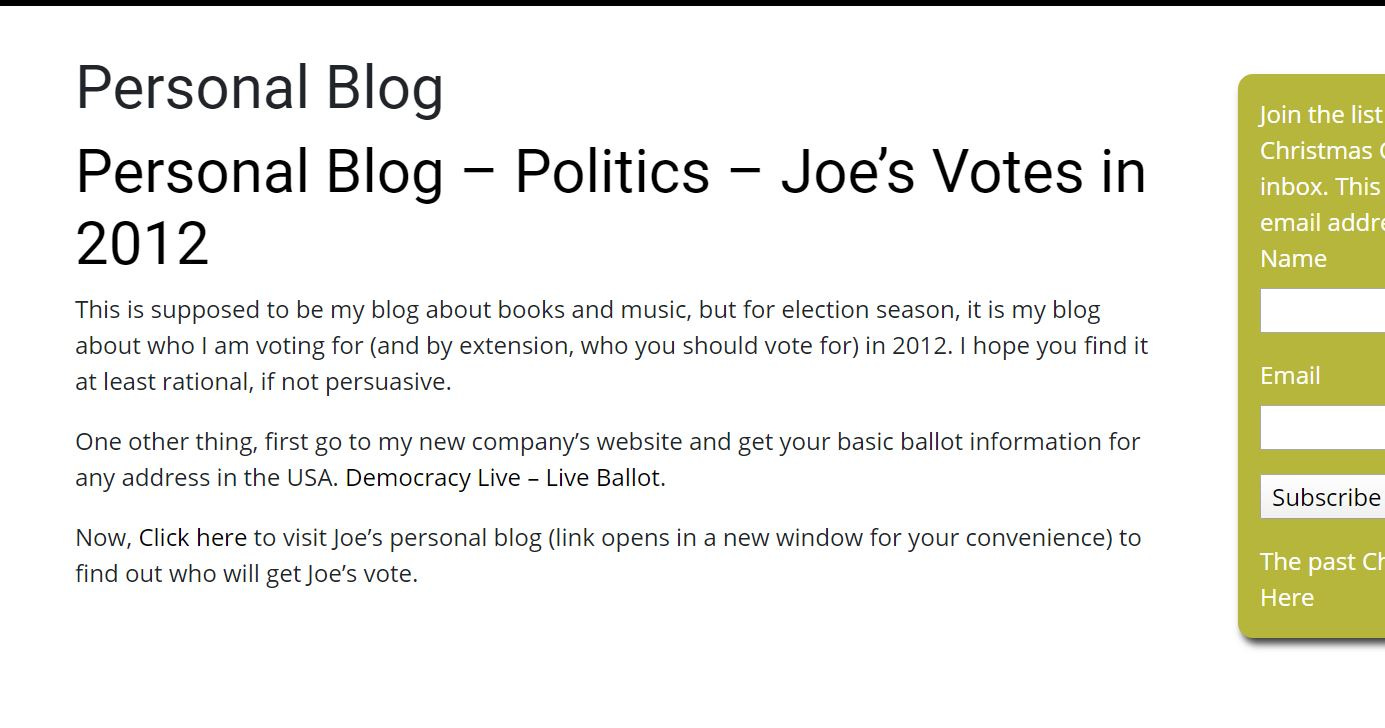 screenshot of joe's blog