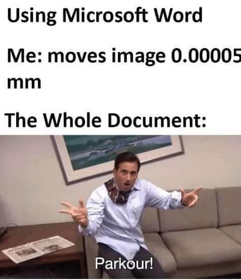 May be a meme of 1 person and text that says 'Using Microsoft Word Me: moves image 0.00005 mm The Whole Document: Parkour!'
