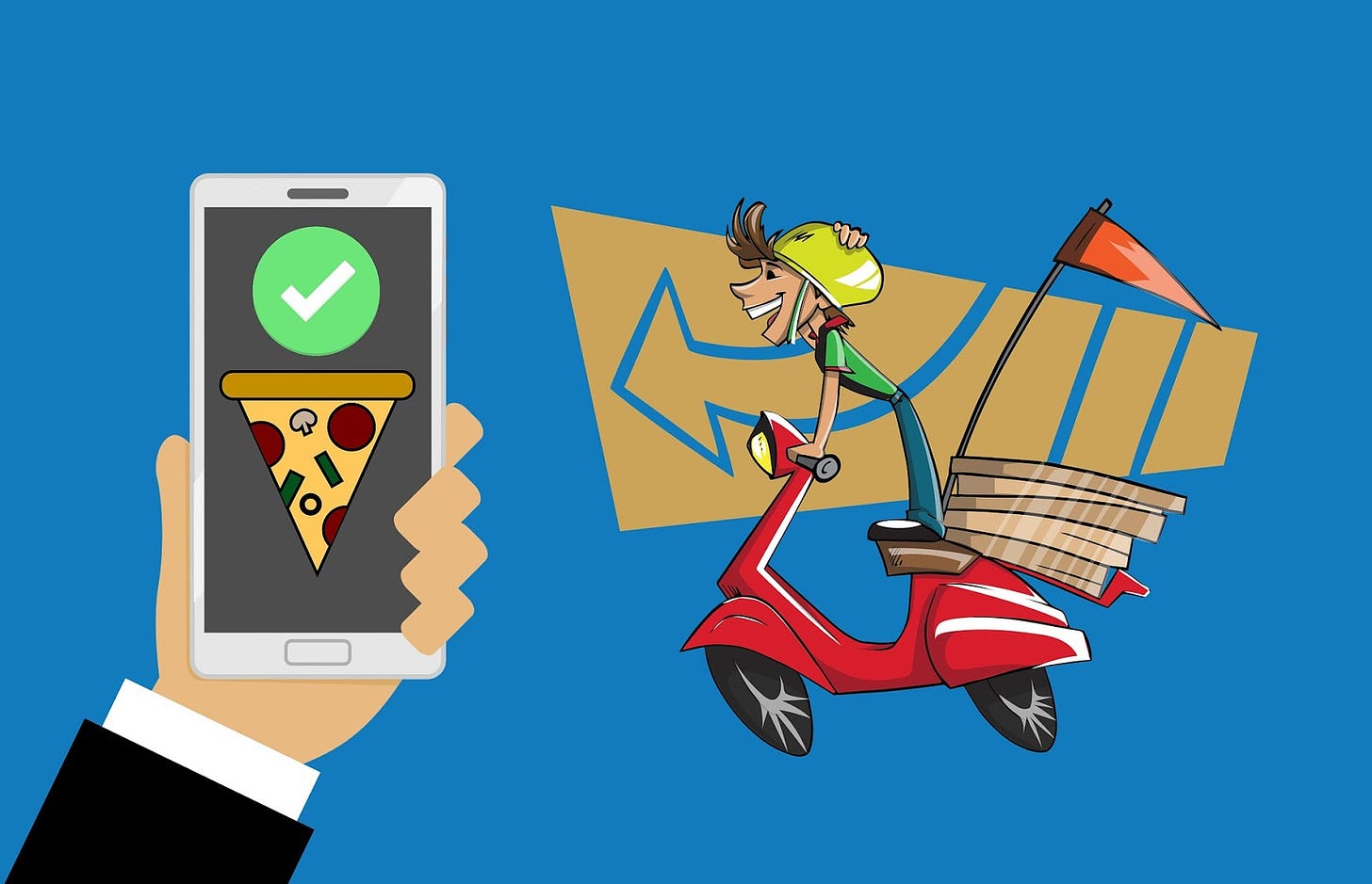 Someone holding up  a phone with a pizza slice and a check mark. To the right is a happy person on a red scooter carrying lots of pizza boxes.