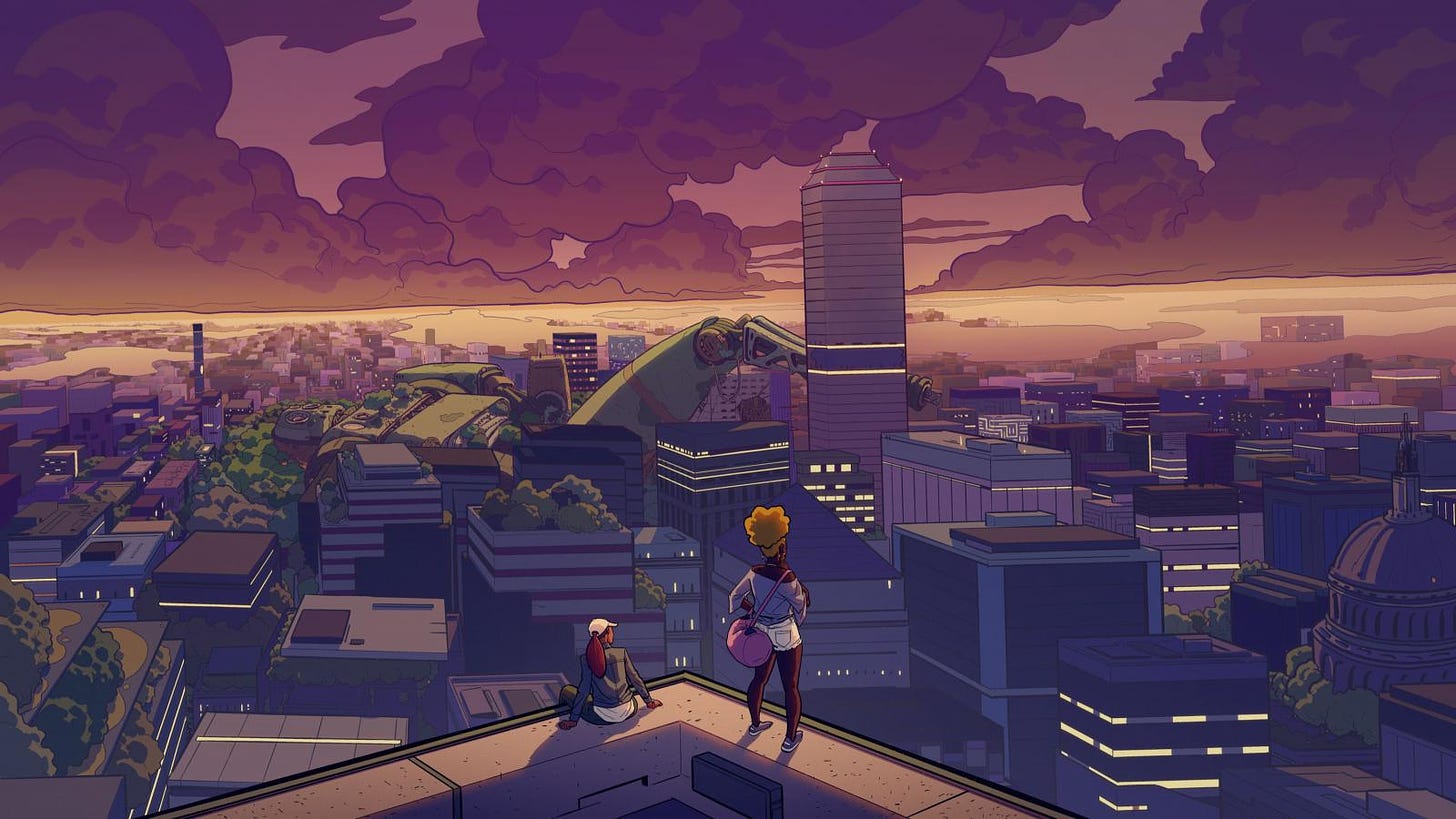 tekening waarop twee mensen op een dak uitkijken over een stad, de hoofdtoon is paars