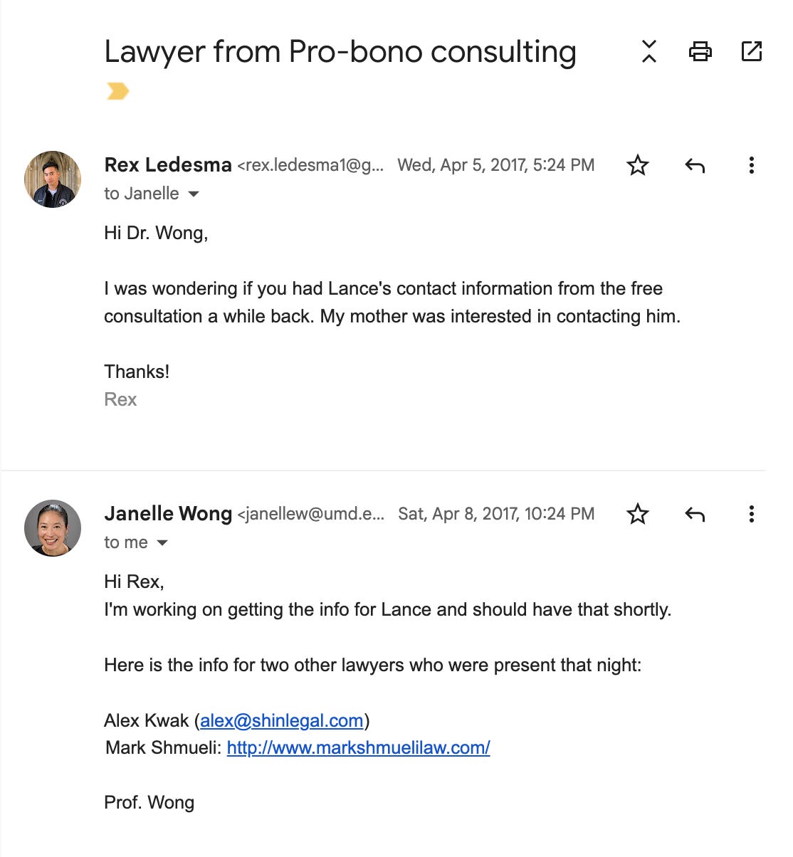 An email to get the lawyer's contact information.