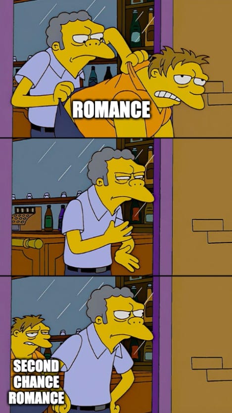 Moe from the Simpsons, tossing Barney (labeled romance) out of the bar. He dusts off his hands in second panel. Third panel is Barney behind Moe, labeled second chance romance.