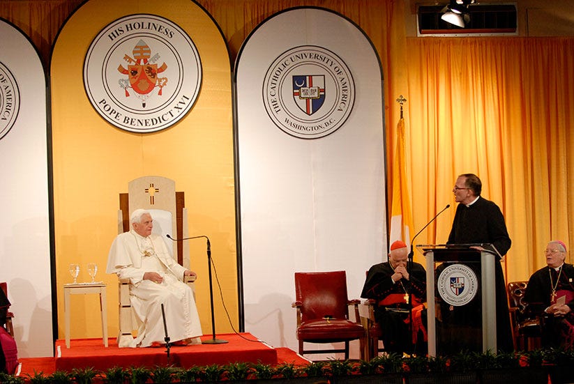 Then-Father O’Connell, 14th president of The Catholic University of America, welcomed Pope Benedict XVI to CUA campus on April 17, 2007.
