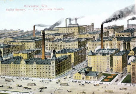 Postcard featuring the Schlitz Brewing company plant. 